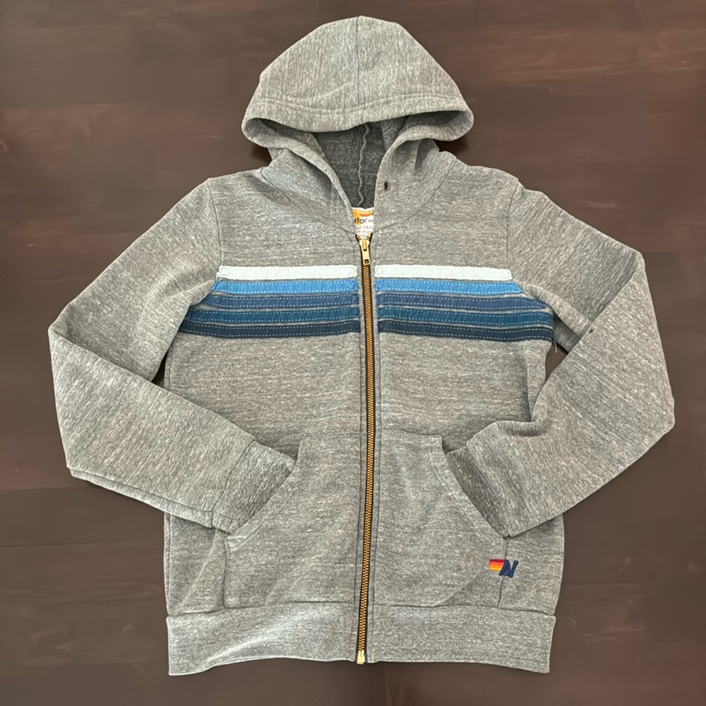 AVIATOR NATION- KID'S 5 STRIPE HOODIE - HEATHER GREY // BLUE STRIPES